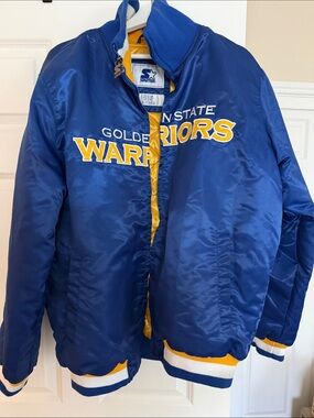 STARTER Royal Blue and Yellow Golden State Warriors Satin Bomber